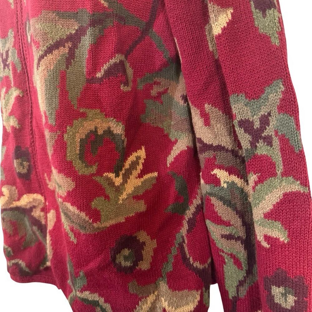 Talbots Red Leaf Design Cotton & Ramie Blend Zip Up Cardigan Sweater sz Large - Picture 12 of 16